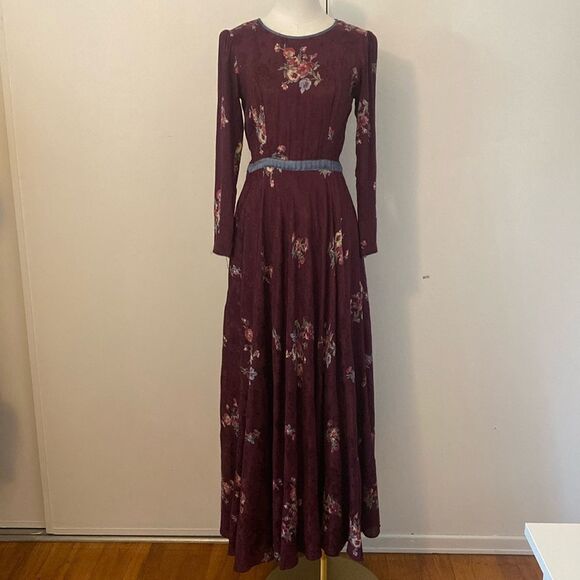Vintage Purple Floral Long Sleeve Maxi Dress Size Small - Picture 2 of 16